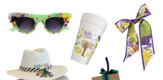 Green sunglasses and a white brimmed hat with a Mardi Gras scarf and a Mardi Gras styrofoam cup and a Mardi Gras scarf and a Mardi Gras candle on a white background