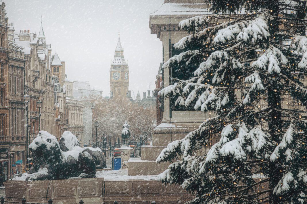 White Christmas in Trafalgar Square with Big Ben View